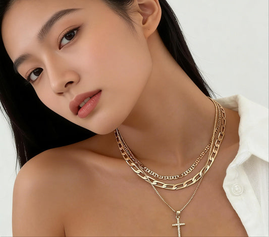 3-Piece 18K Gold-Plated Y Cross Layered Necklace Set