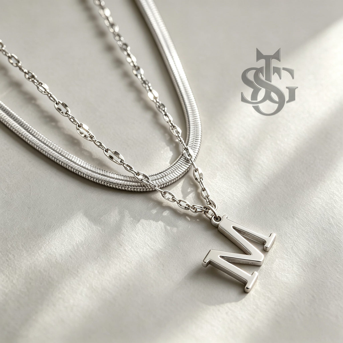 18K Gold Plated Layered Herringbone & Initial Letter Pendant Necklace Set