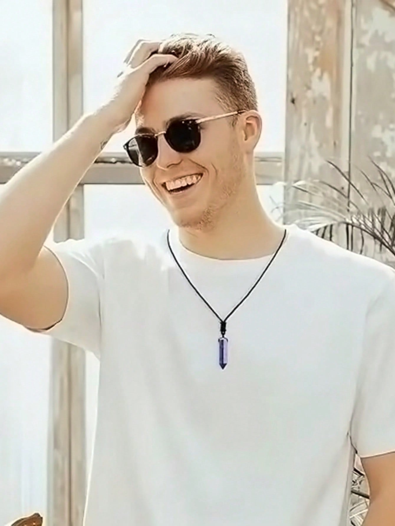 Men’s Natural Stone Crystal Pendant Necklace – Hexagonal Healing Point