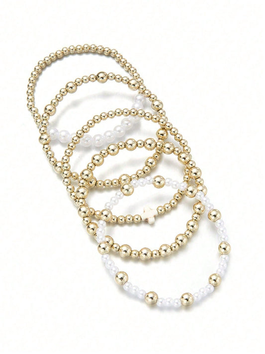 5pcs Boho Gold Beaded Bracelet Set with Pearl & Cross Charm