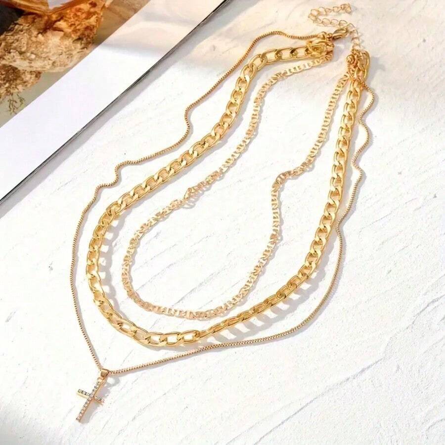 3-Piece 18K Gold-Plated Y Cross Layered Necklace Set
