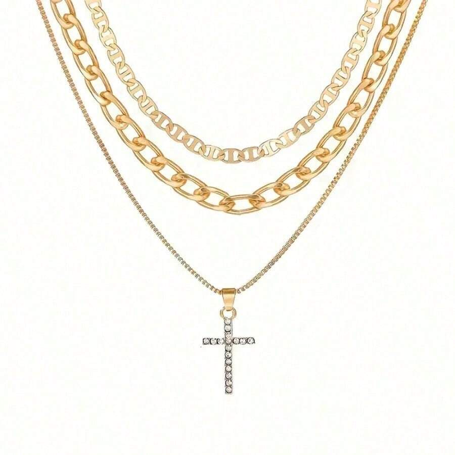 3-Piece 18K Gold-Plated Y Cross Layered Necklace Set