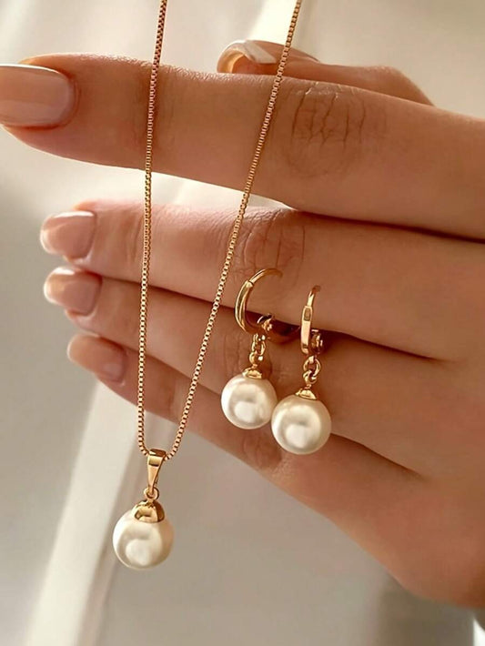 3pcs Pearl Jewelry Set for Women – Bridal Pearl Necklace and Teardrop Earrings