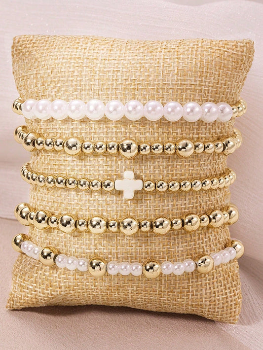 5pc Boho Gold Beaded Bracelet Set with Pearl & Cross