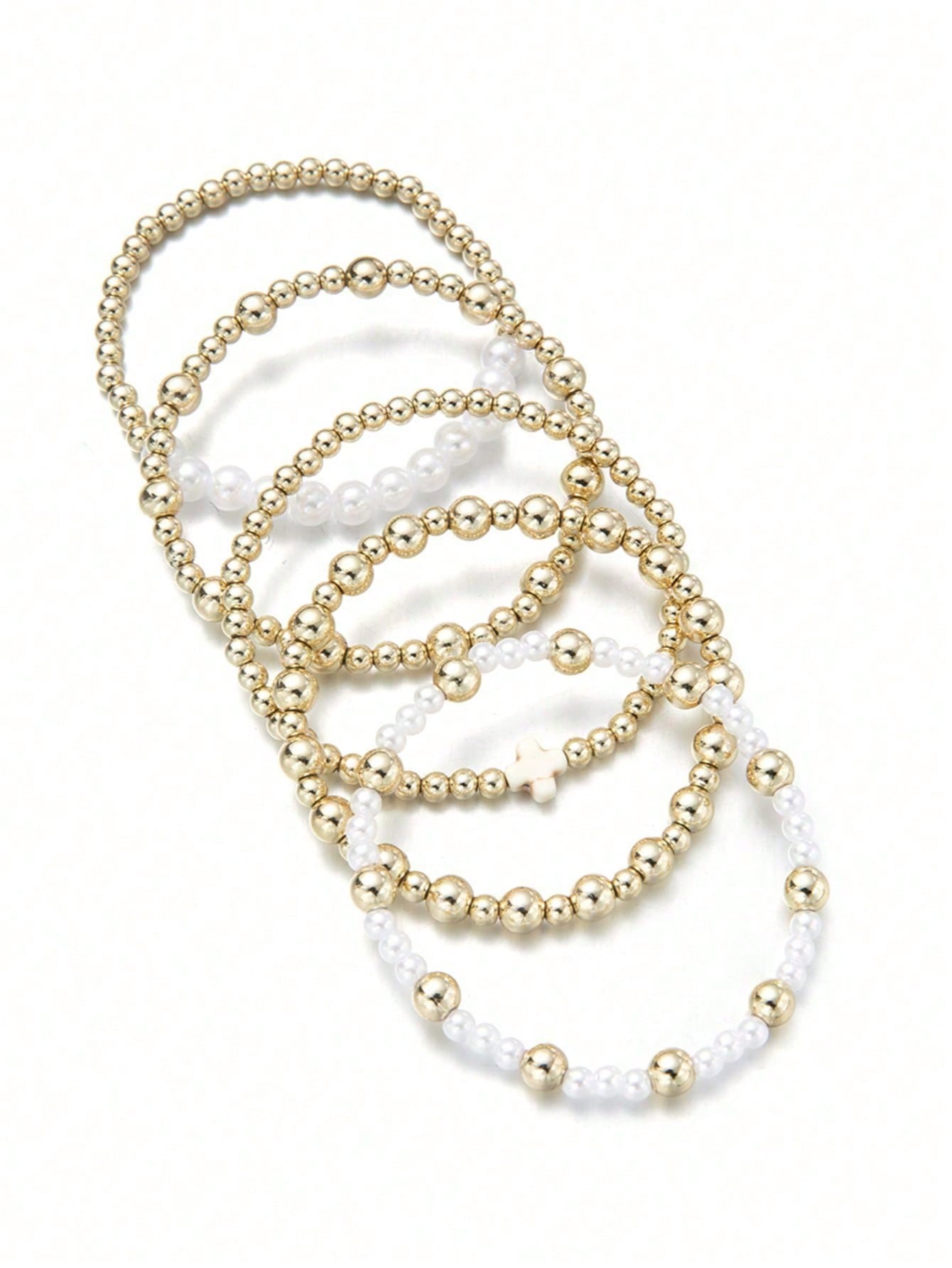 5pc Boho Gold Beaded Bracelet Set with Pearl & Cross