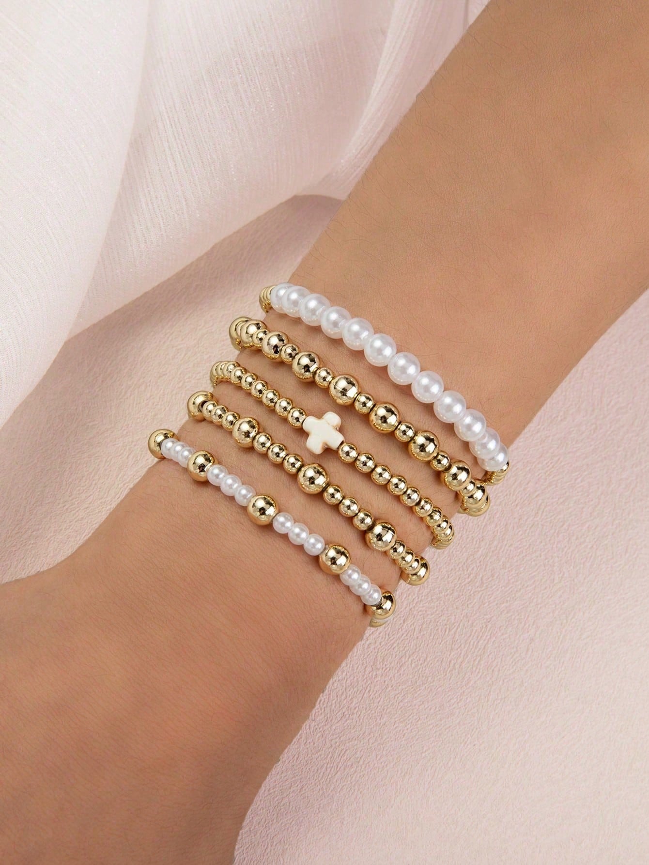 5pc Boho Gold Beaded Bracelet Set with Pearl & Cross
