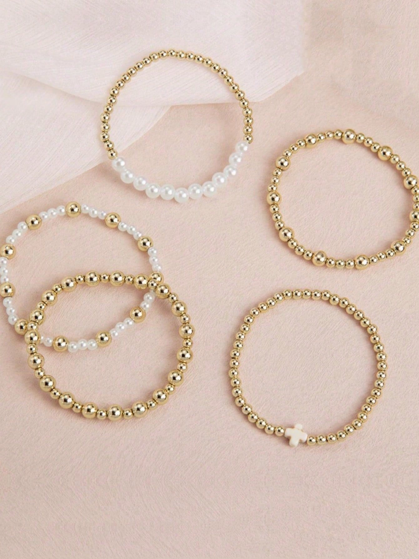 5pc Boho Gold Beaded Bracelet Set with Pearl & Cross