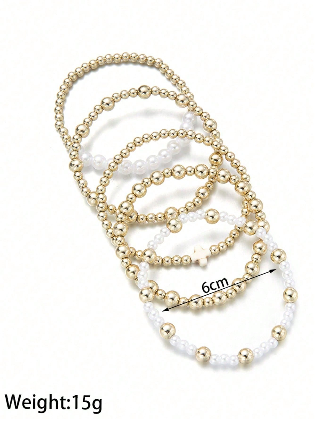 5pc Boho Gold Beaded Bracelet Set with Pearl & Cross
