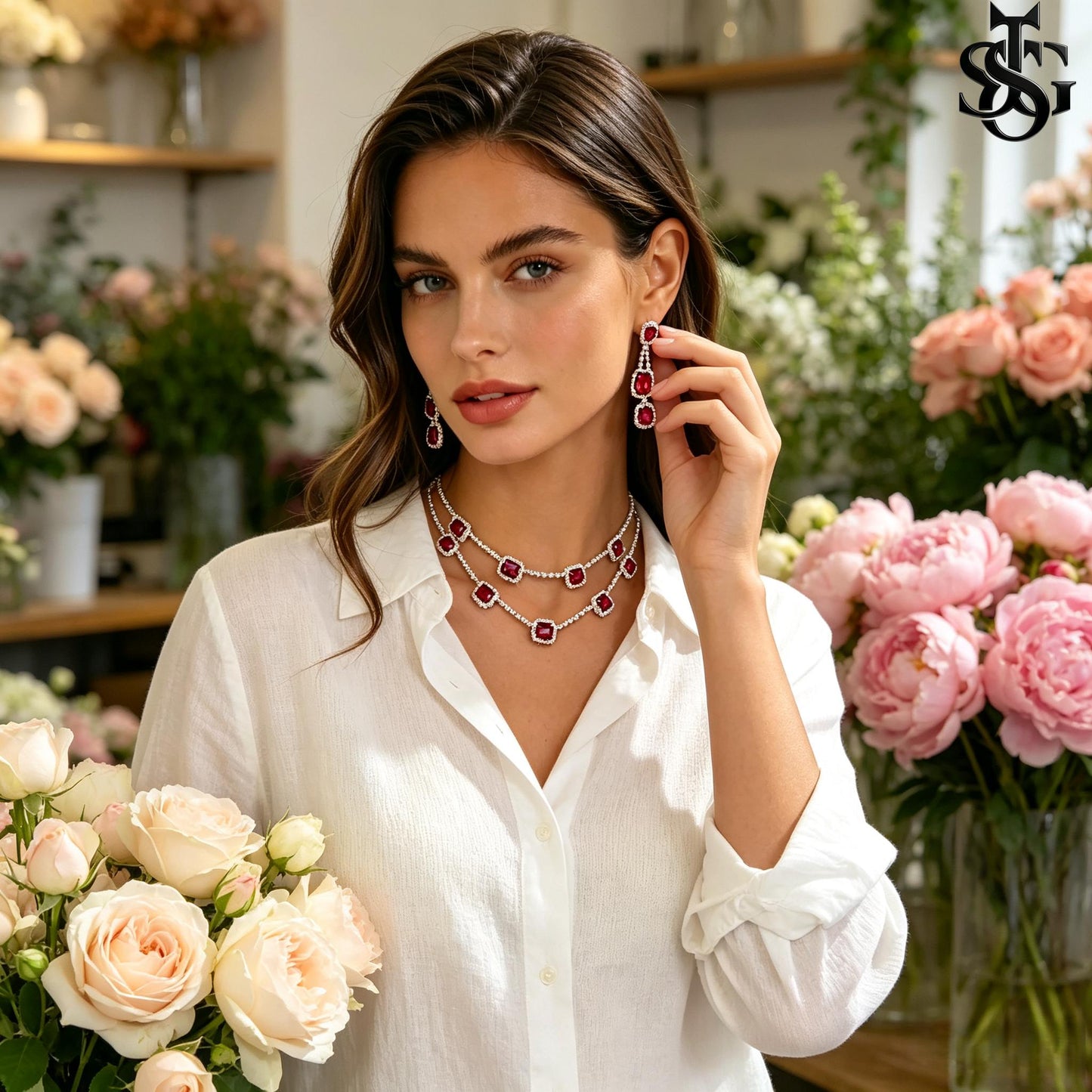 CZ Double Layer Tennis Necklace and Earring Set for Women – Cubic Zirconia Layered Choker with Drop Earrings, Fashion Jewelry Gift