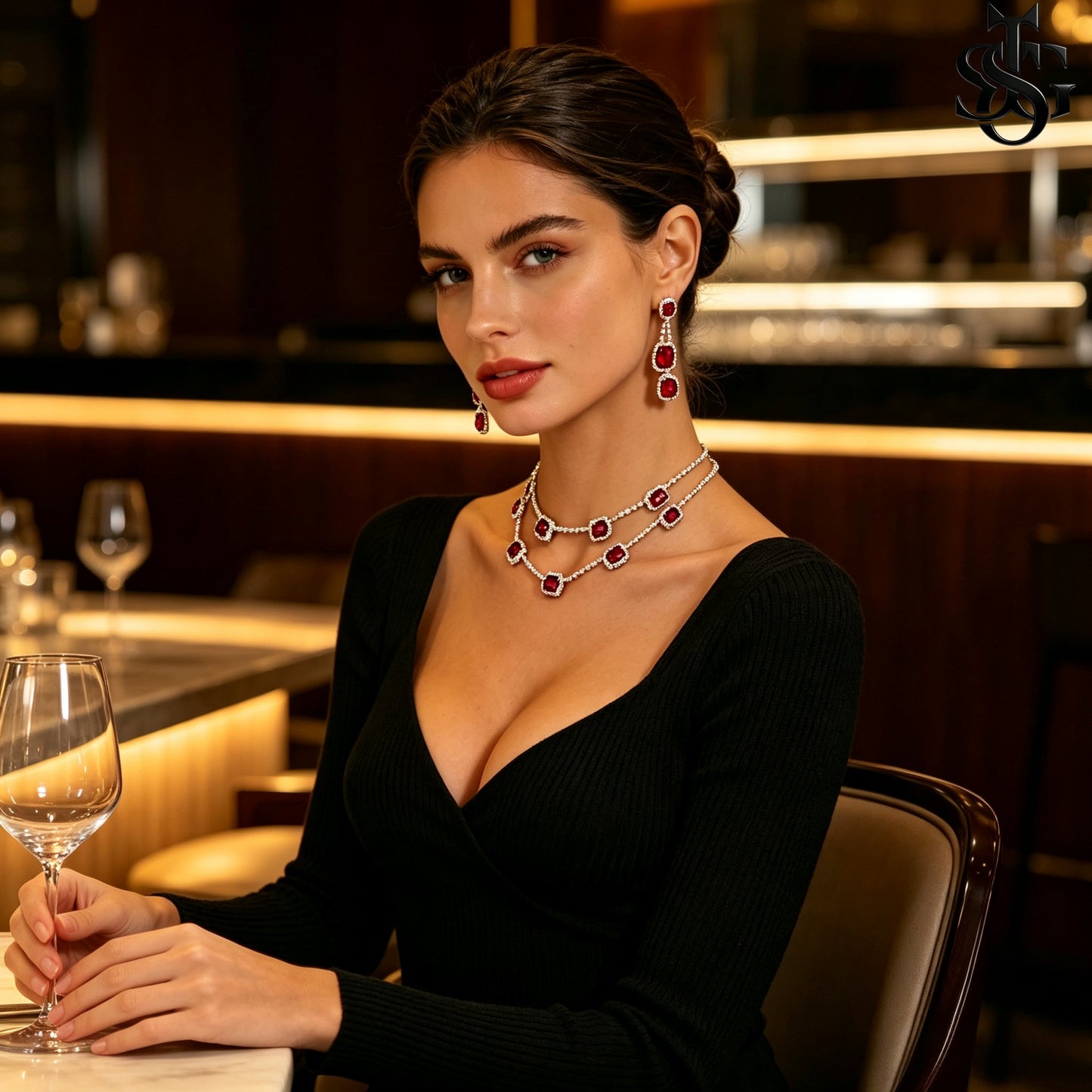 CZ Double Layer Tennis Necklace and Earring Set for Women – Cubic Zirconia Layered Choker with Drop Earrings, Fashion Jewelry Gift
