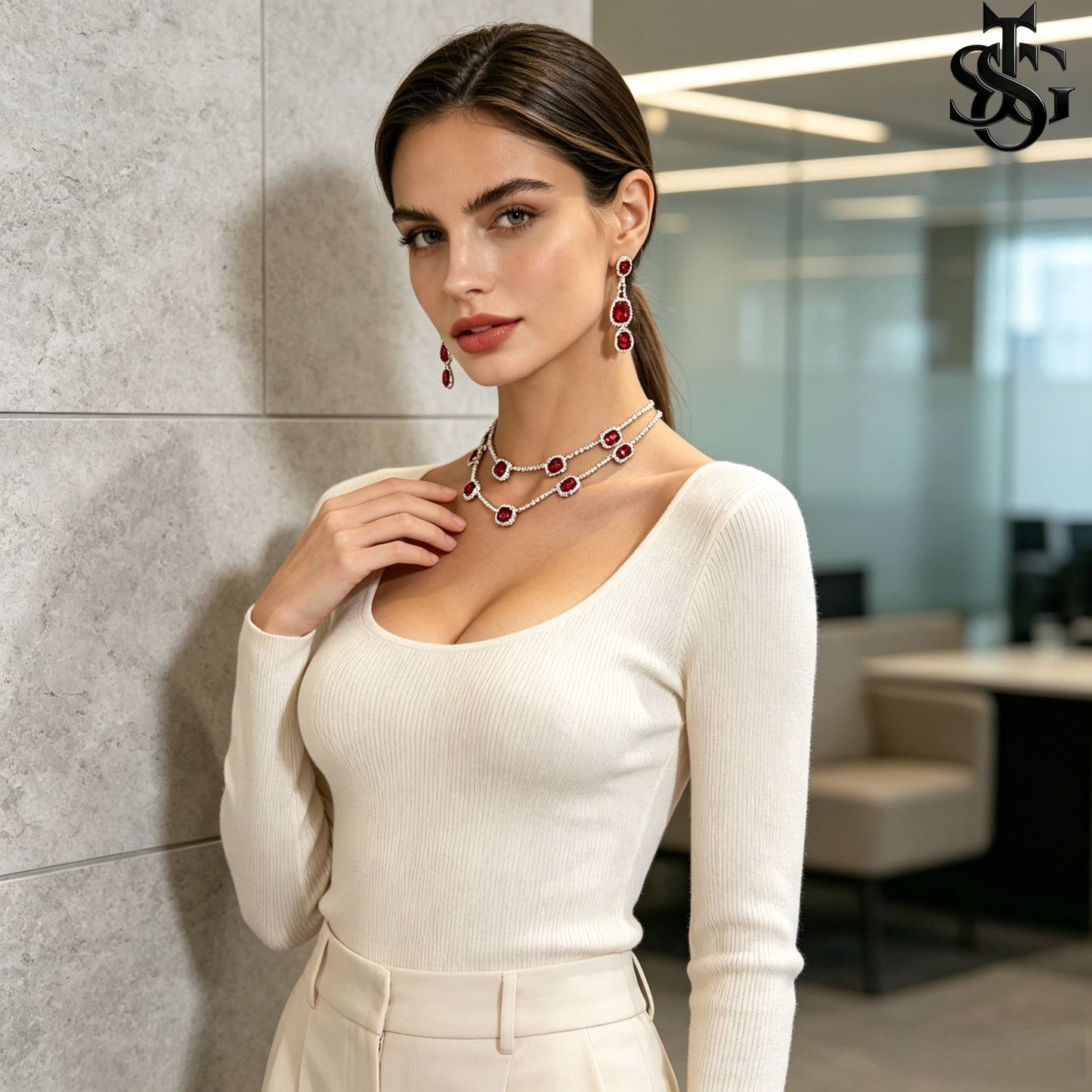CZ Double Layer Tennis Necklace and Earring Set for Women – Cubic Zirconia Layered Choker with Drop Earrings, Fashion Jewelry Gift