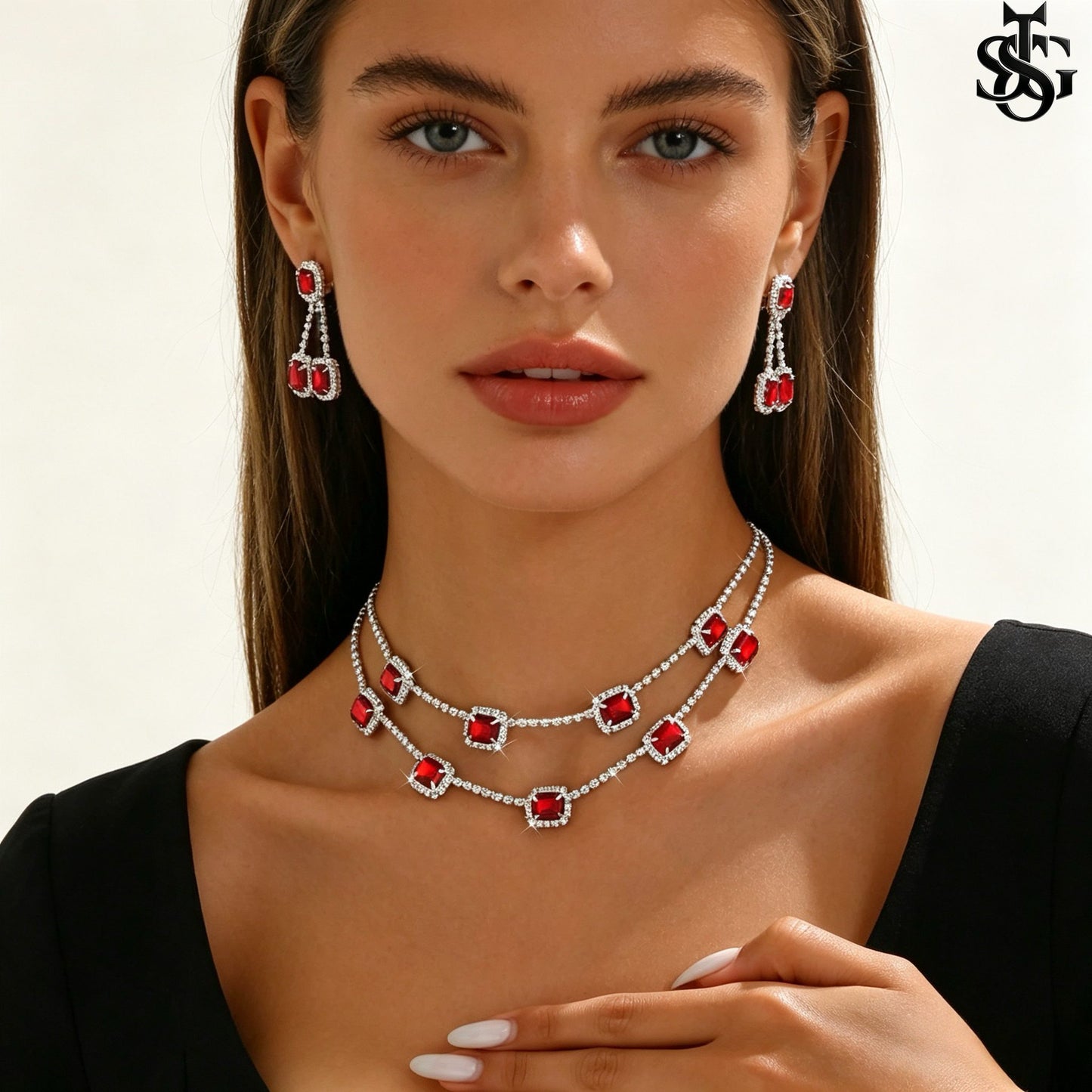 CZ Double Layer Tennis Necklace and Earring Set for Women – Cubic Zirconia Layered Choker with Drop Earrings, Fashion Jewelry Gift