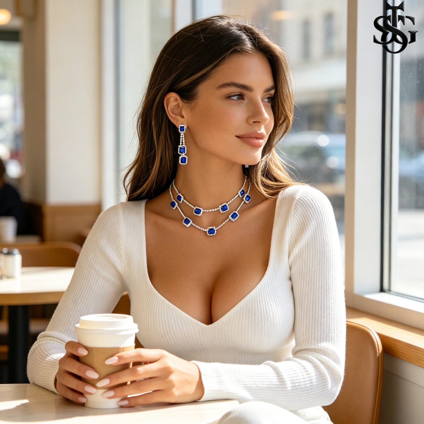 CZ Double Layer Tennis Necklace and Earring Set for Women – Cubic Zirconia Layered Choker with Drop Earrings, Fashion Jewelry Gift