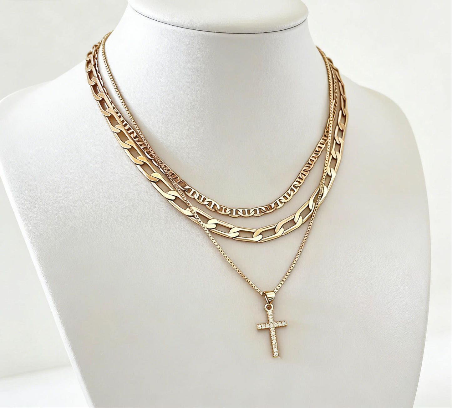 3-Piece 18K Gold-Plated Y Cross Layered Necklace Set