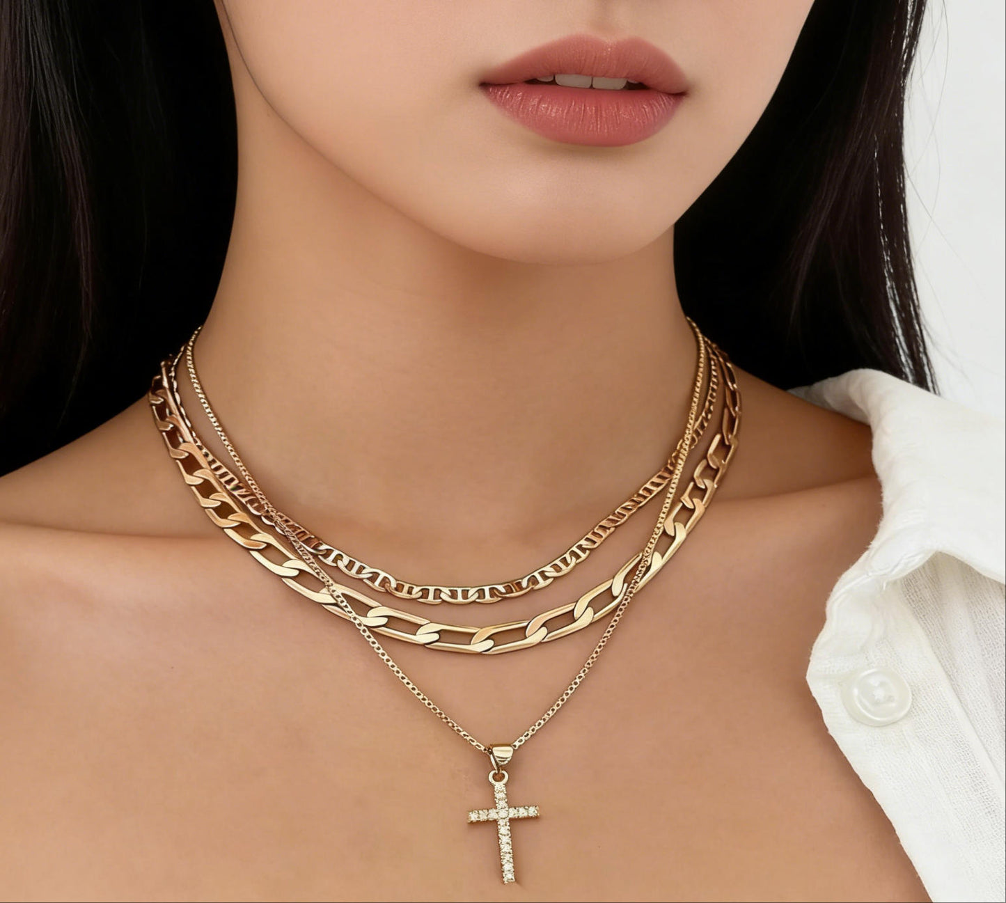 3-Piece 18K Gold-Plated Y Cross Layered Necklace Set