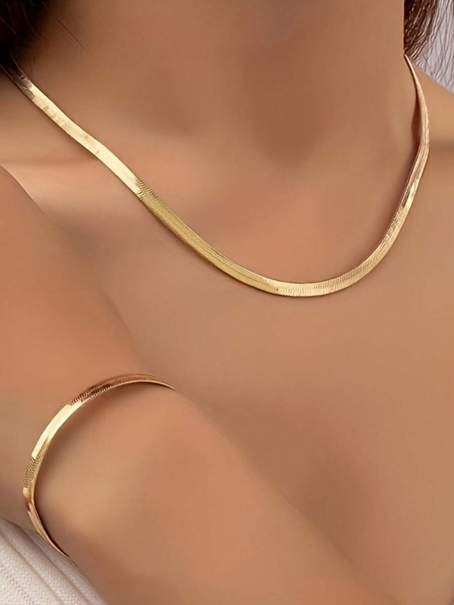 Stainless Steel Flat Snake Chain Necklace & Bracelet Set