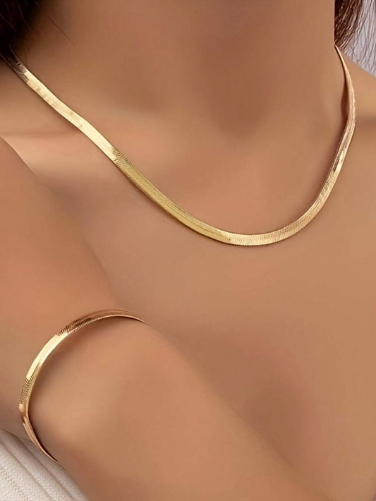 Stainless Steel Flat Snake Chain Necklace & Bracelet Set