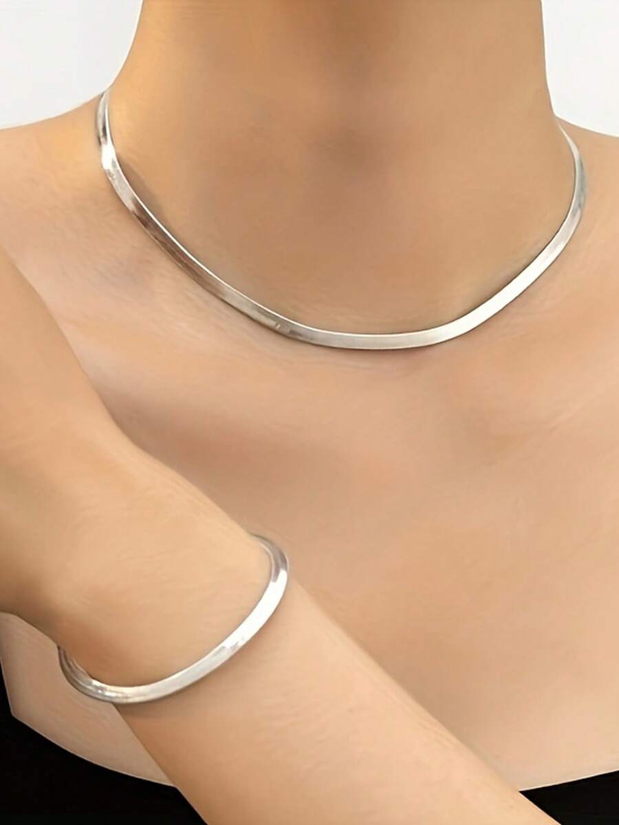 Stainless Steel Flat Snake Chain Necklace & Bracelet Set