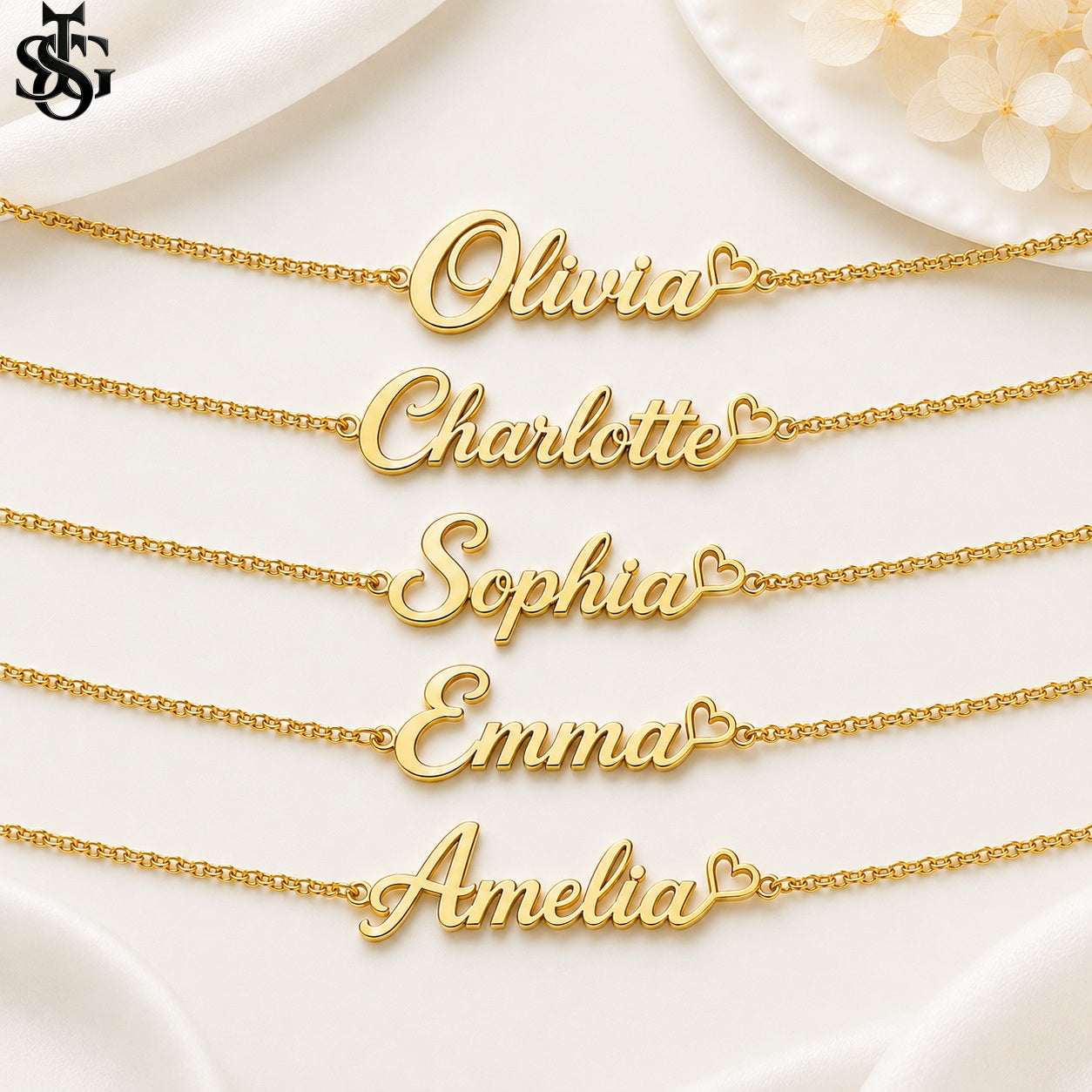 Custom Name Necklace for Women – 18K Gold Plated Personalized Script Necklace with Heart