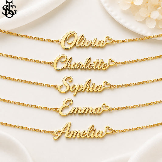 Custom Name Necklace for Women – 18K Gold Plated Personalized Script Necklace with Heart
