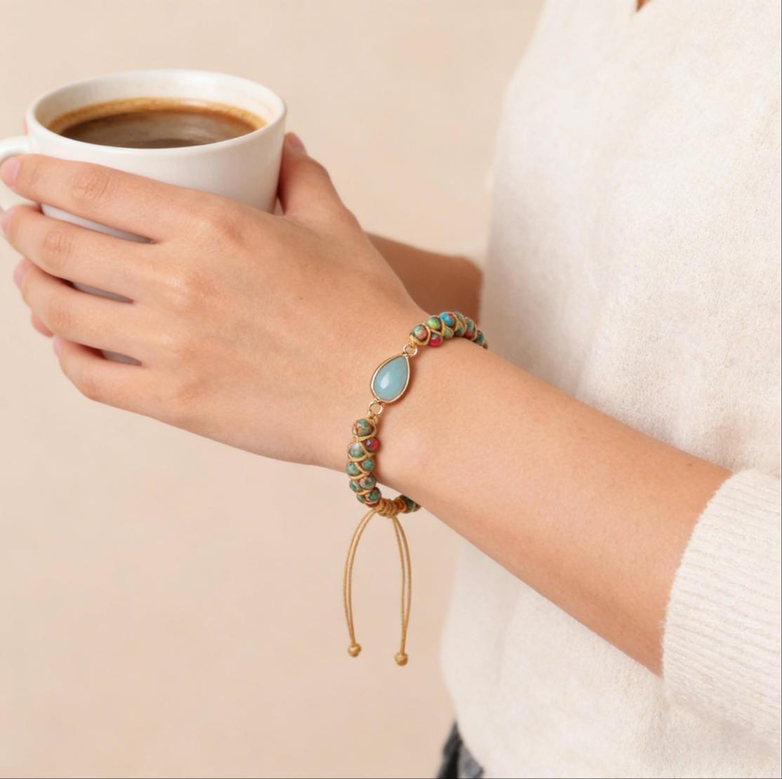 Natural Amazonite Gemstone Braided Charm Bracelet