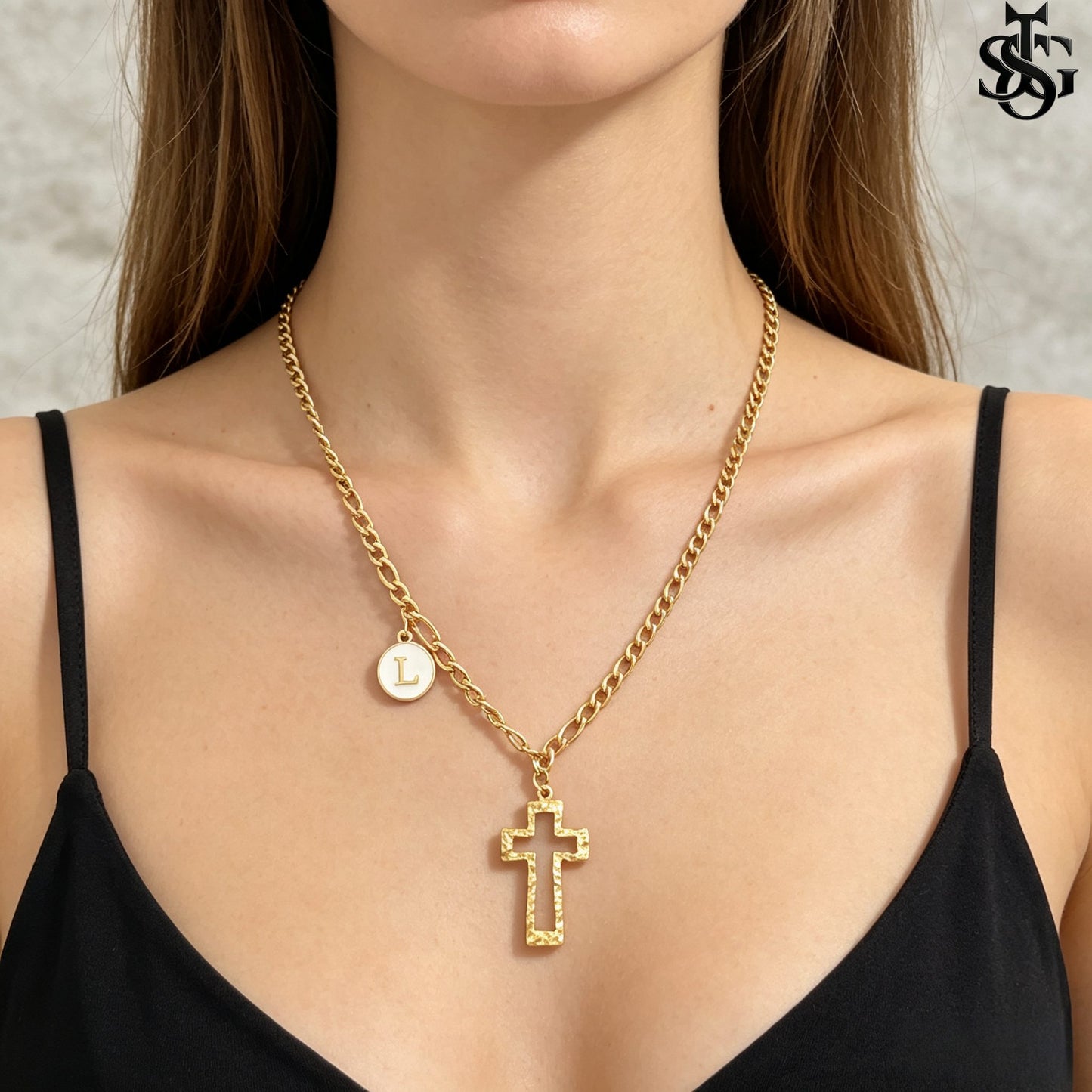 Gold Cross Pendant Necklace for Couples | Customizable Initial Letter Charm