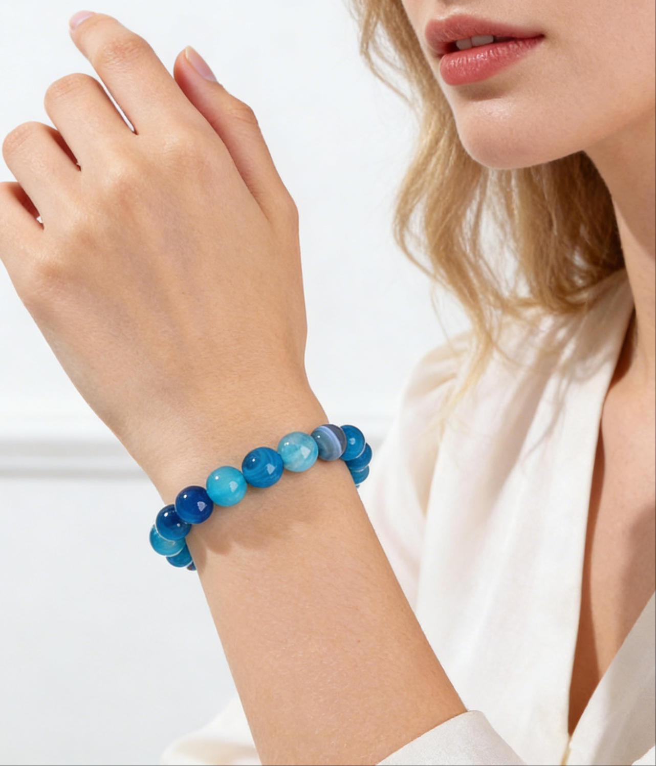 Blue Striped Agate Beaded Bracelet – 8mm Boho Stretch