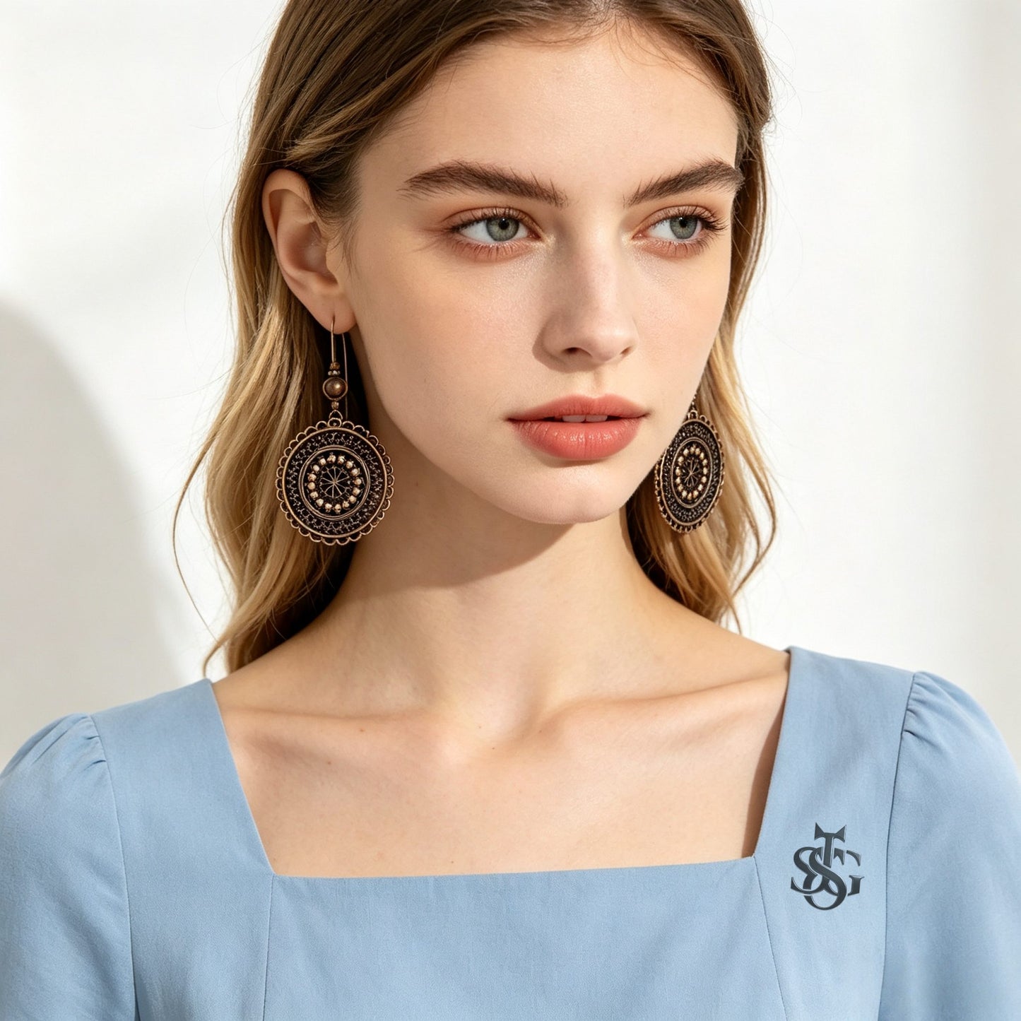 Vintage Carved Flower Mandala Dangle Earrings | Boho Antique Bronze Round Drop Earrings