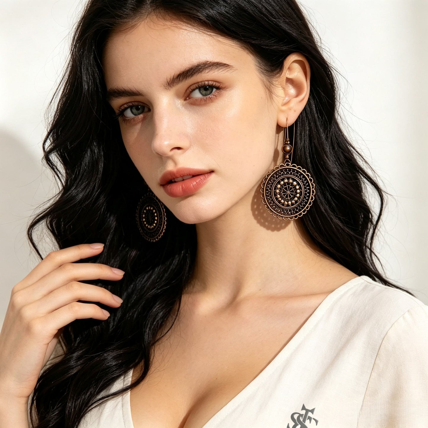 Vintage Carved Flower Mandala Dangle Earrings | Boho Antique Bronze Round Drop Earrings