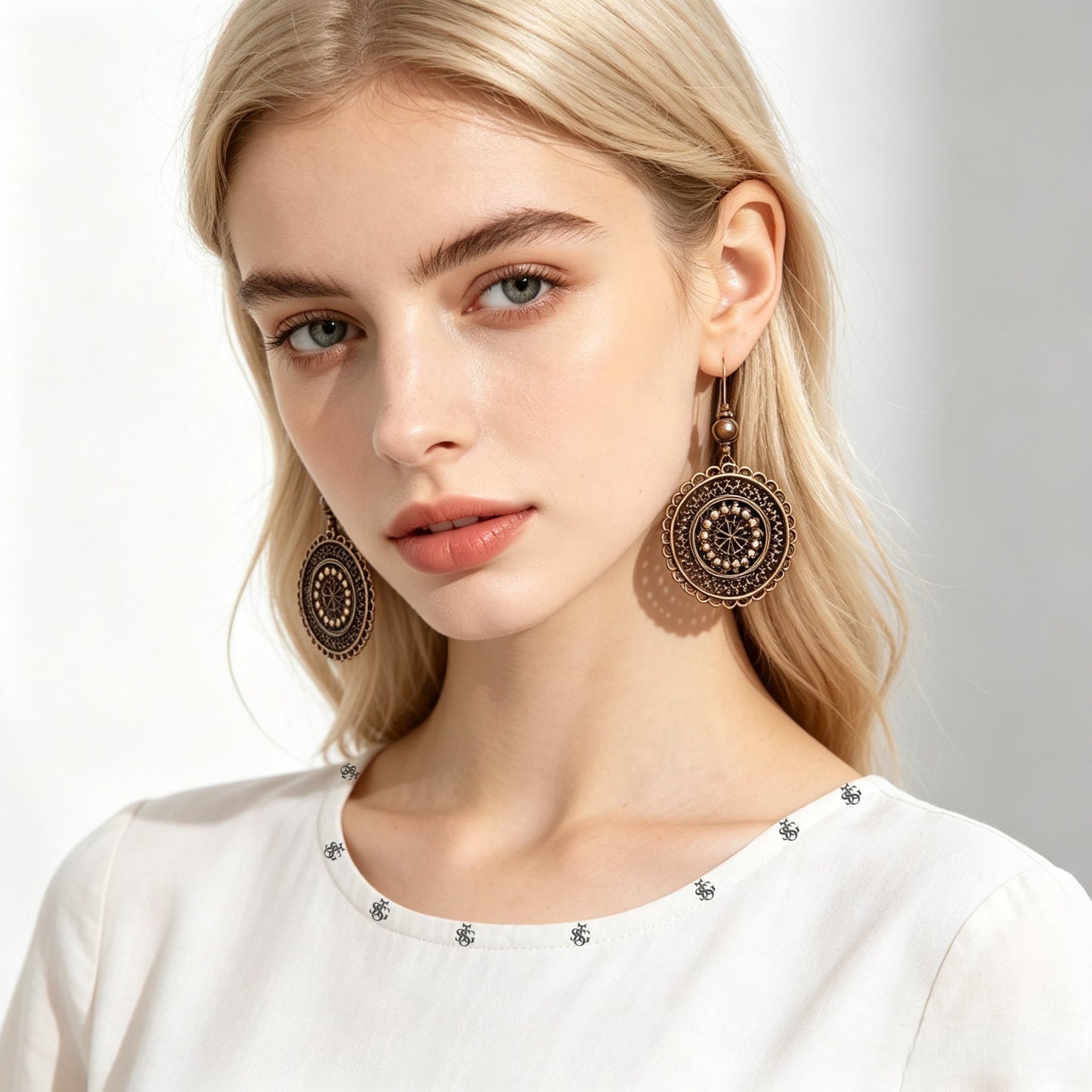 Vintage Carved Flower Mandala Dangle Earrings | Boho Antique Bronze Round Drop Earrings