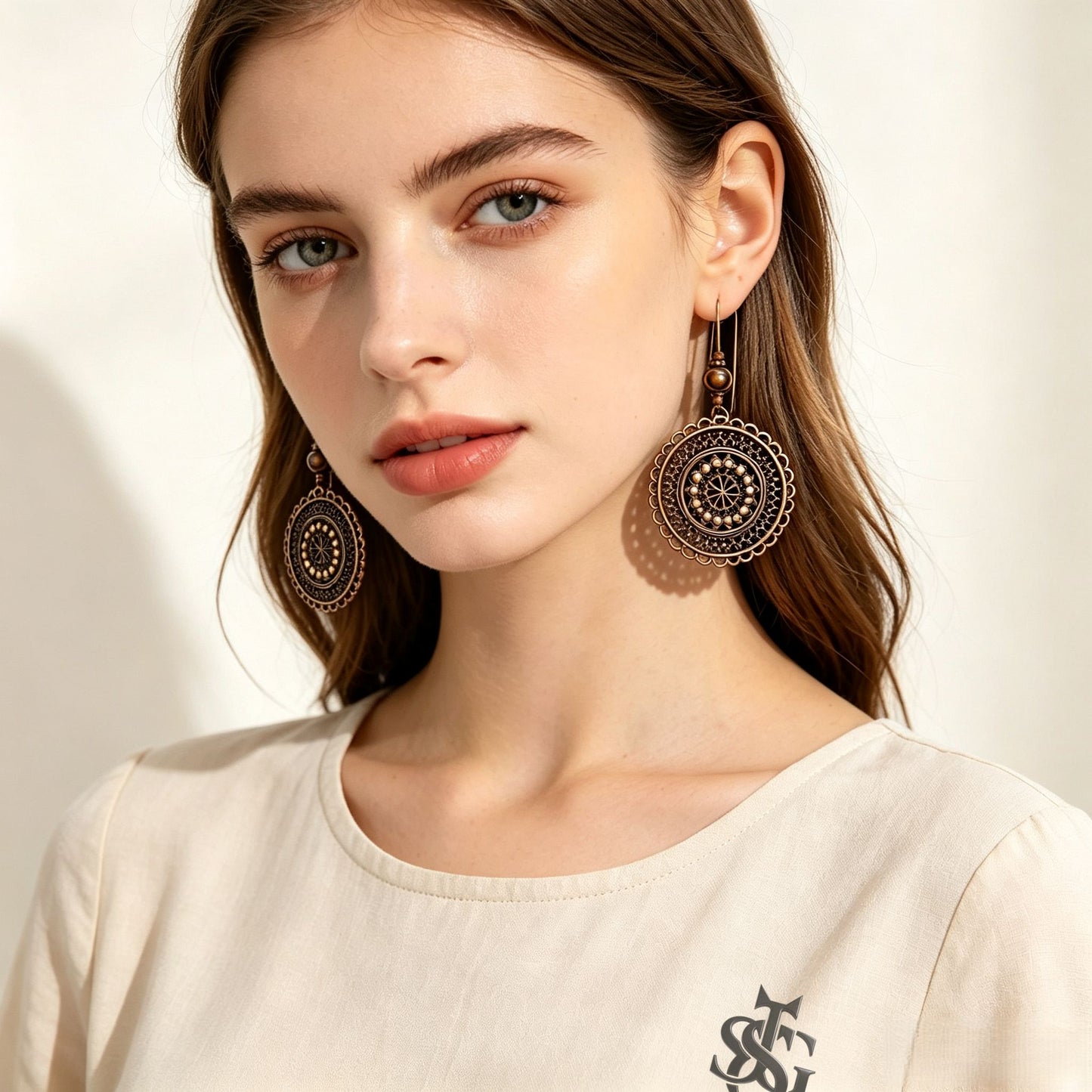 Vintage Carved Flower Mandala Dangle Earrings | Boho Antique Bronze Round Drop Earrings