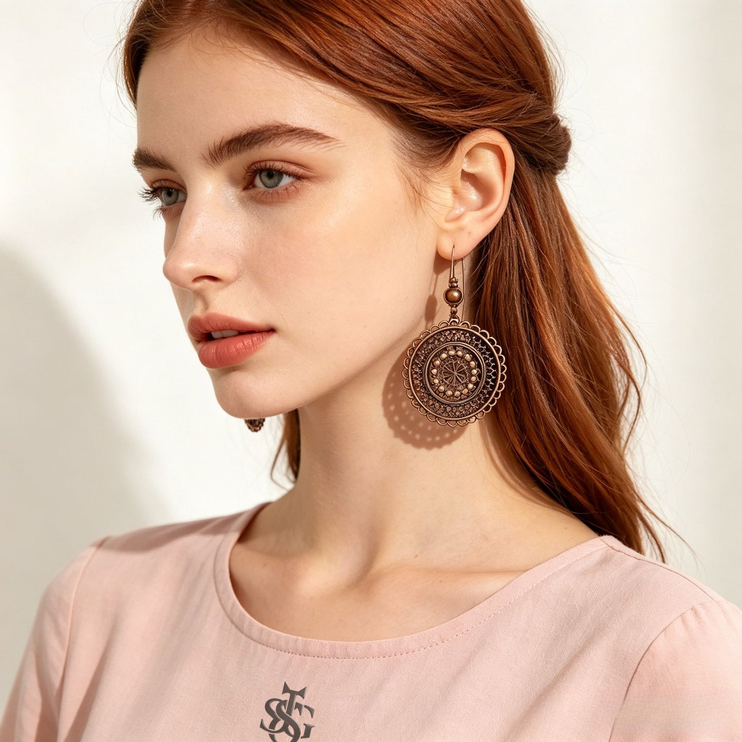 Vintage Carved Flower Mandala Dangle Earrings | Boho Antique Bronze Round Drop Earrings