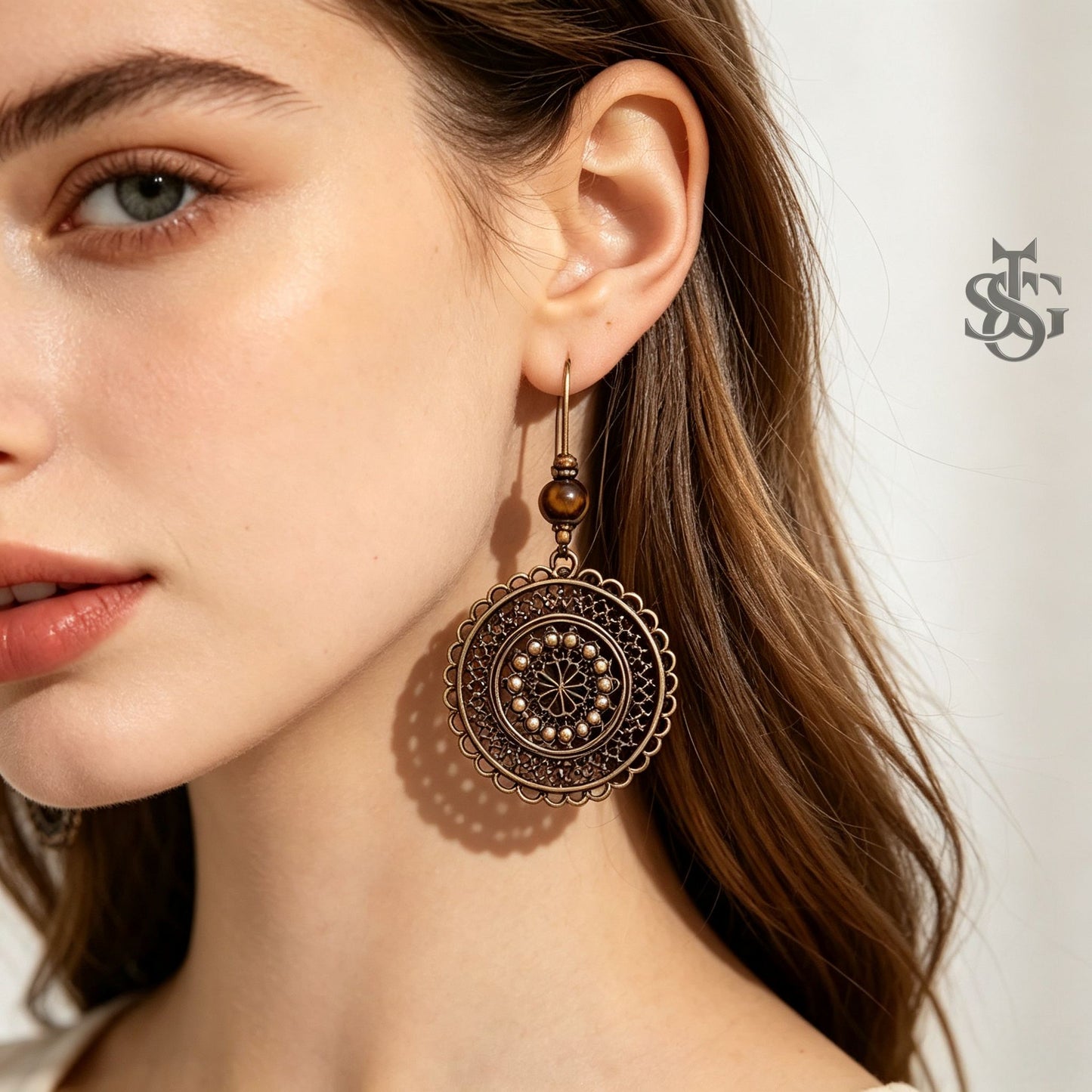Vintage Carved Flower Mandala Dangle Earrings | Boho Antique Bronze Round Drop Earrings