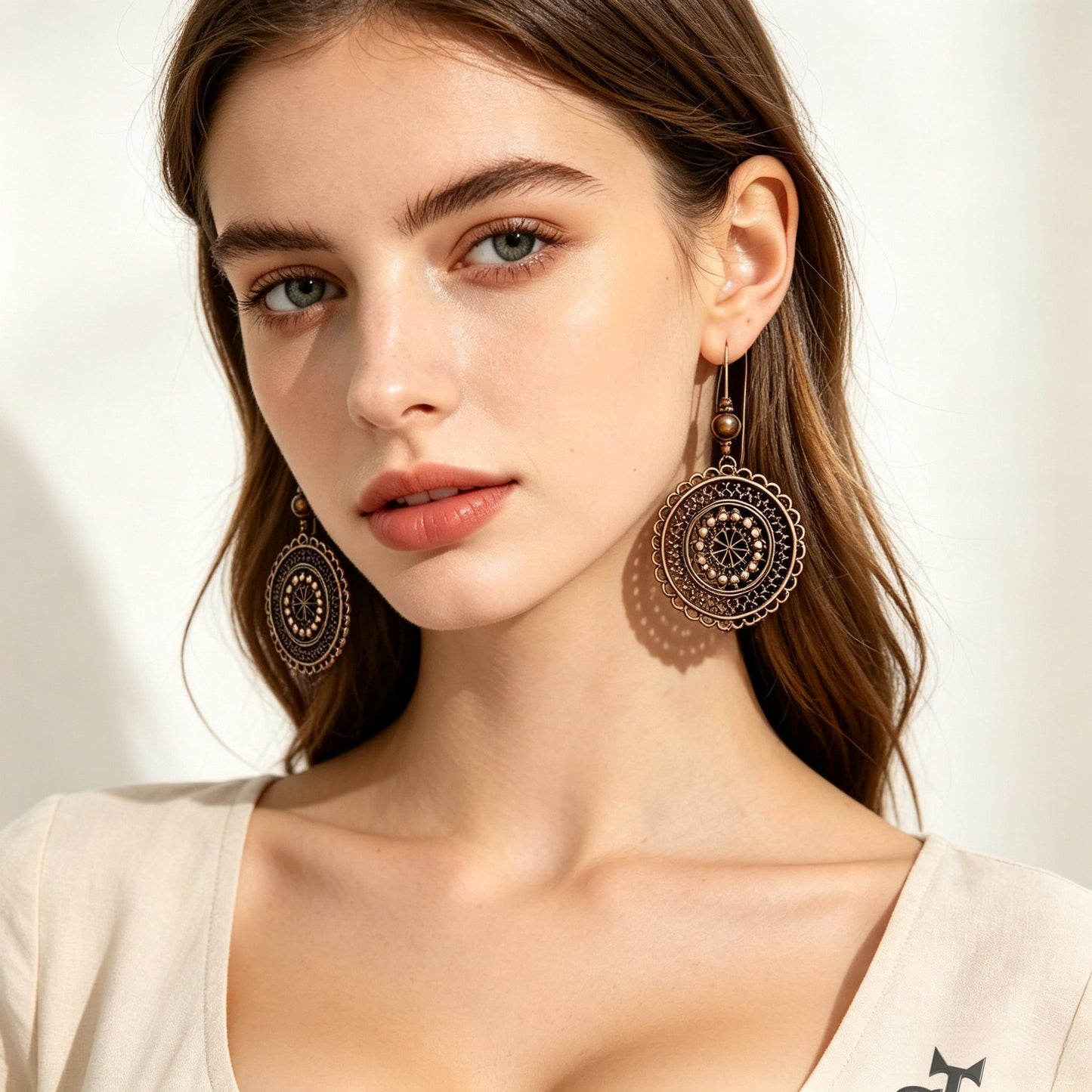 Vintage Carved Flower Mandala Dangle Earrings | Boho Antique Bronze Round Drop Earrings