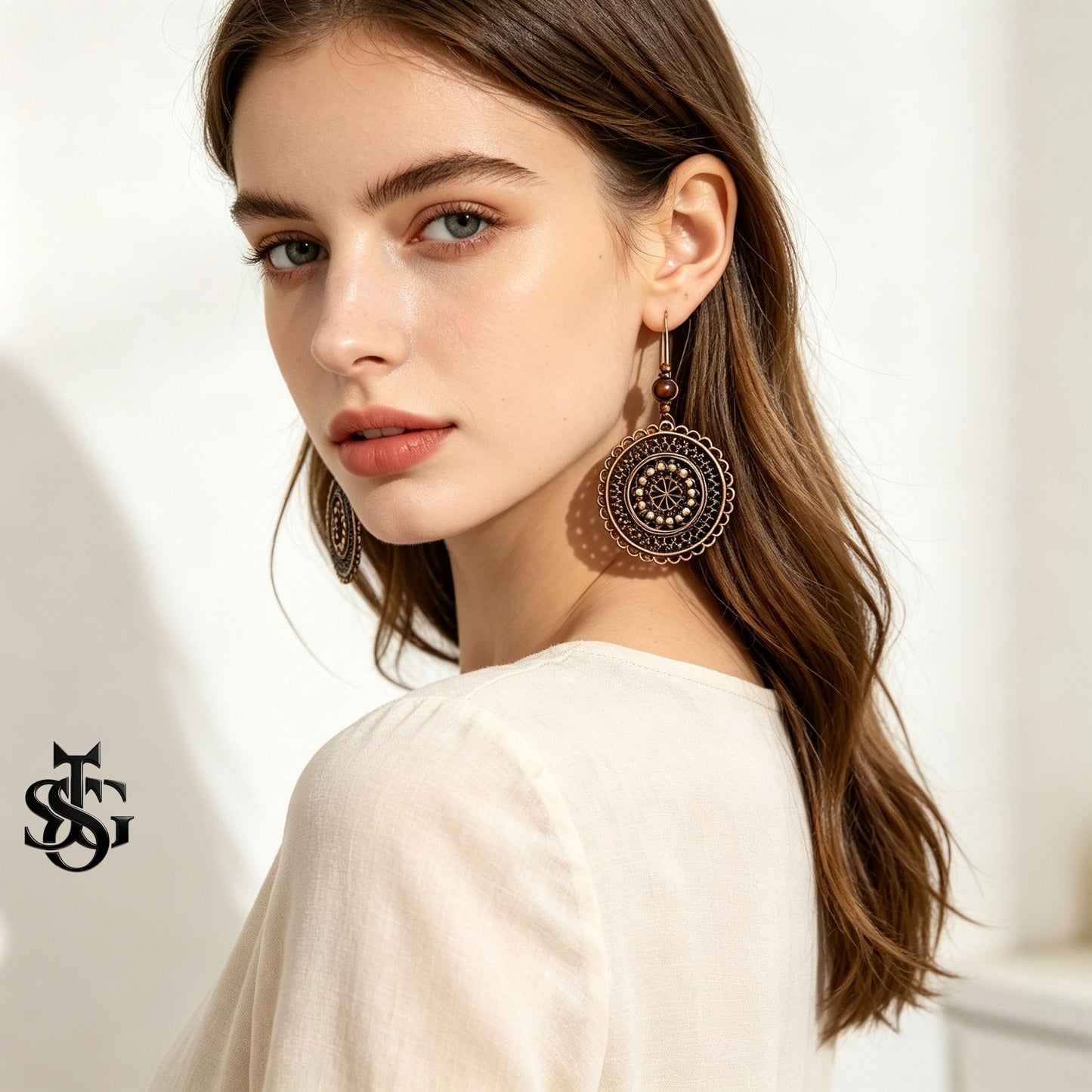 Vintage Carved Flower Mandala Dangle Earrings | Boho Antique Bronze Round Drop Earrings