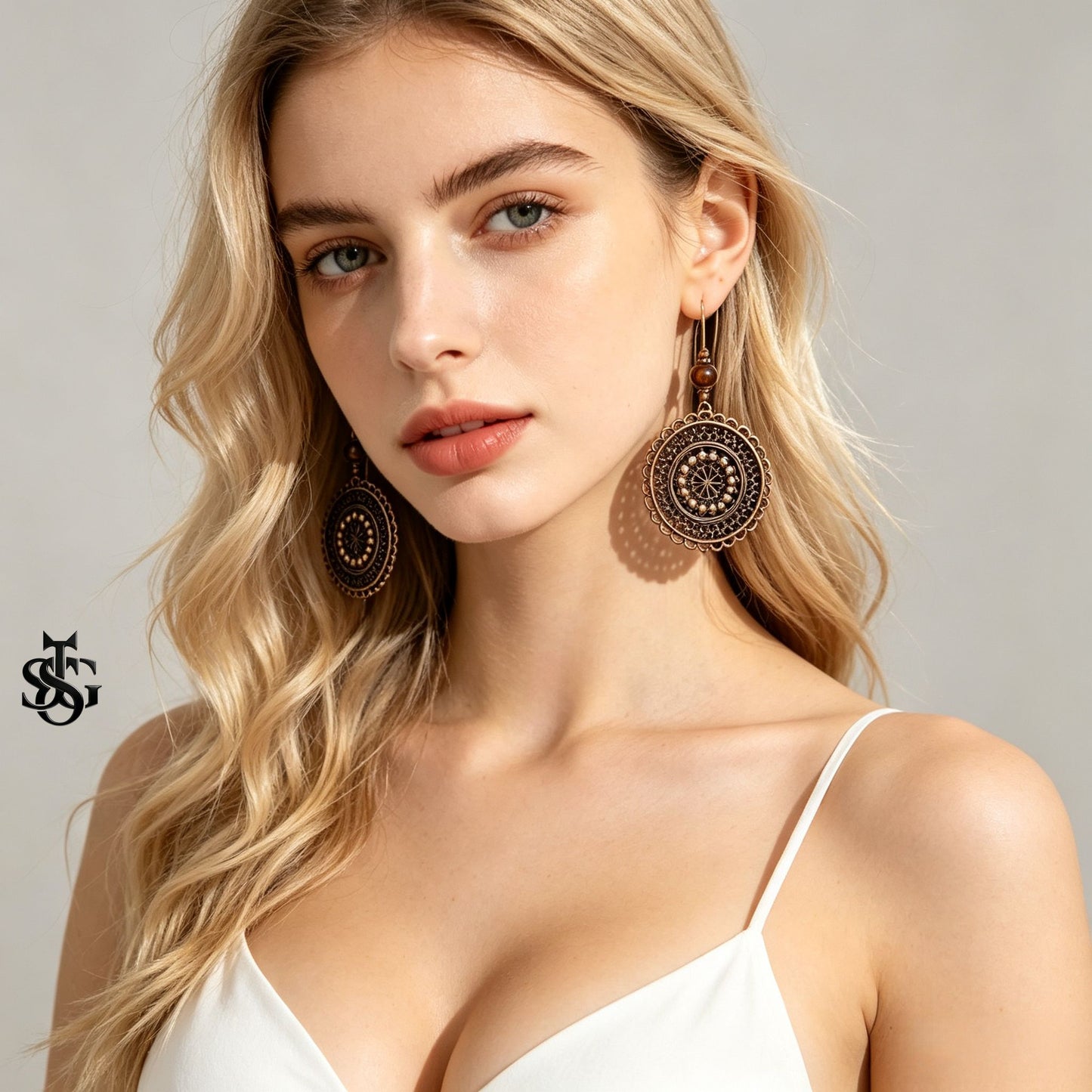 Vintage Carved Flower Mandala Dangle Earrings | Boho Antique Bronze Round Drop Earrings