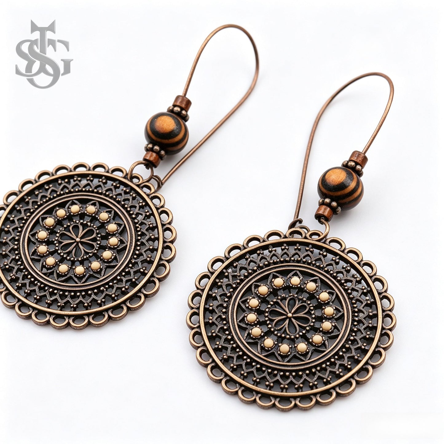 Vintage Carved Flower Mandala Dangle Earrings | Boho Antique Bronze Round Drop Earrings