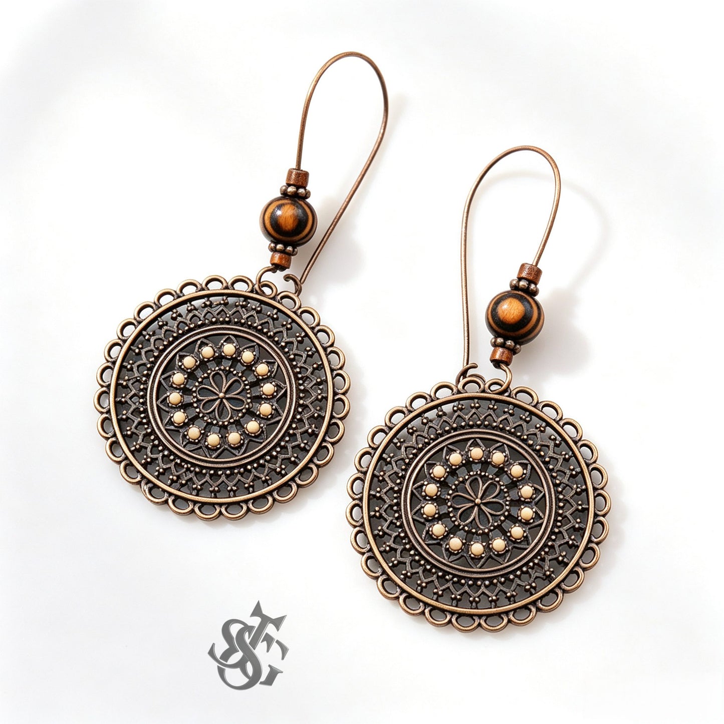 Vintage Carved Flower Mandala Dangle Earrings | Boho Antique Bronze Round Drop Earrings