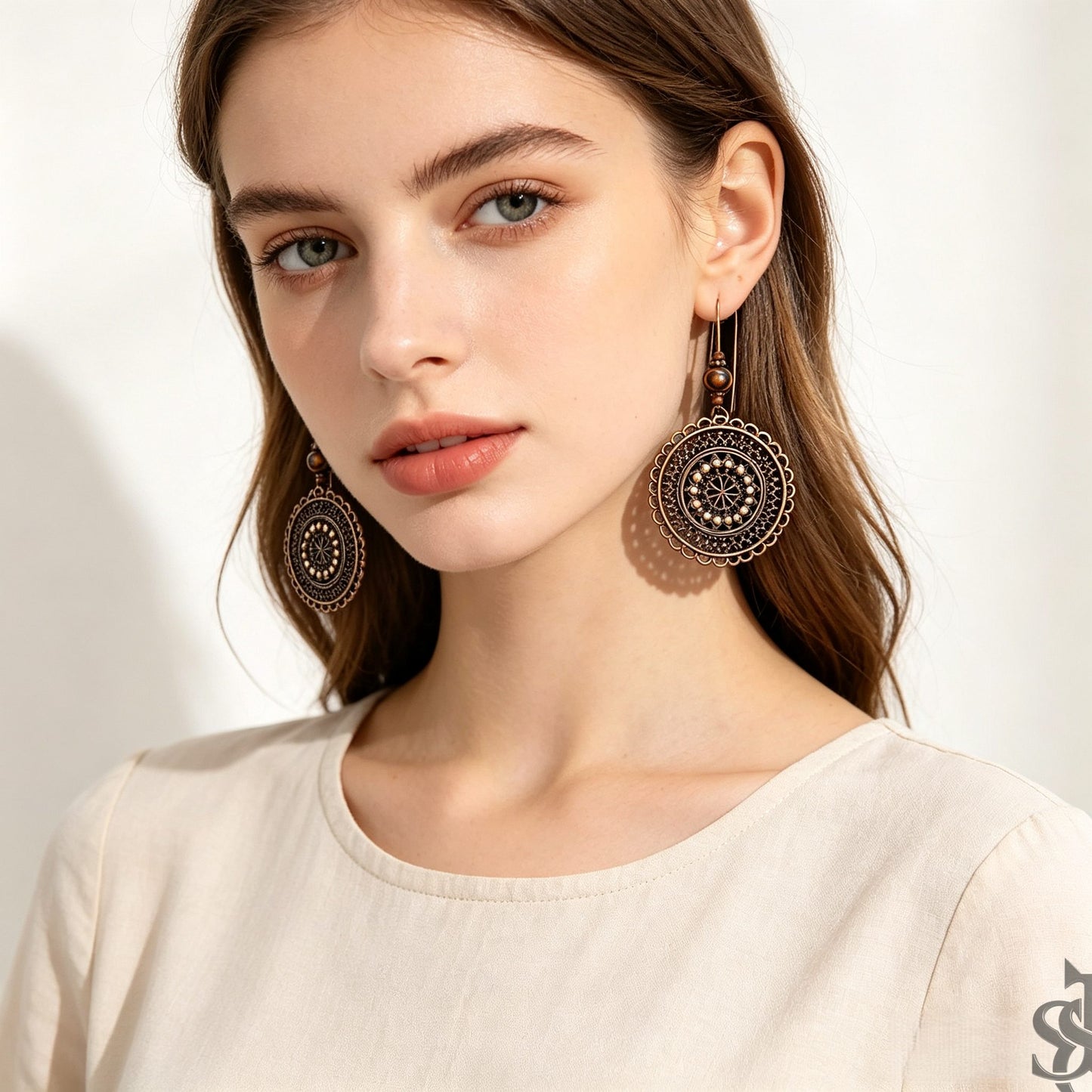 Vintage Carved Flower Mandala Dangle Earrings | Boho Antique Bronze Round Drop Earrings