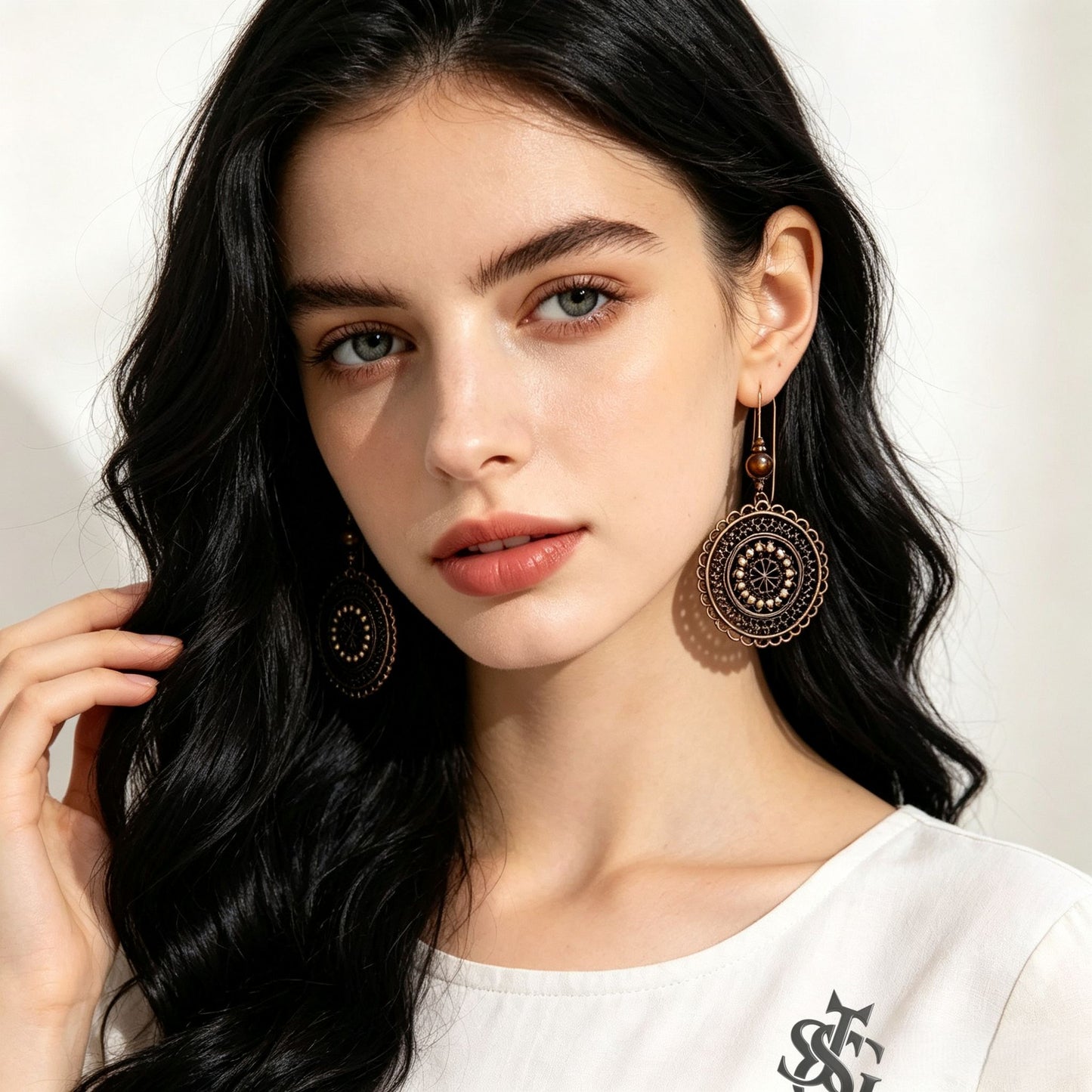 Vintage Carved Flower Mandala Dangle Earrings | Boho Antique Bronze Round Drop Earrings