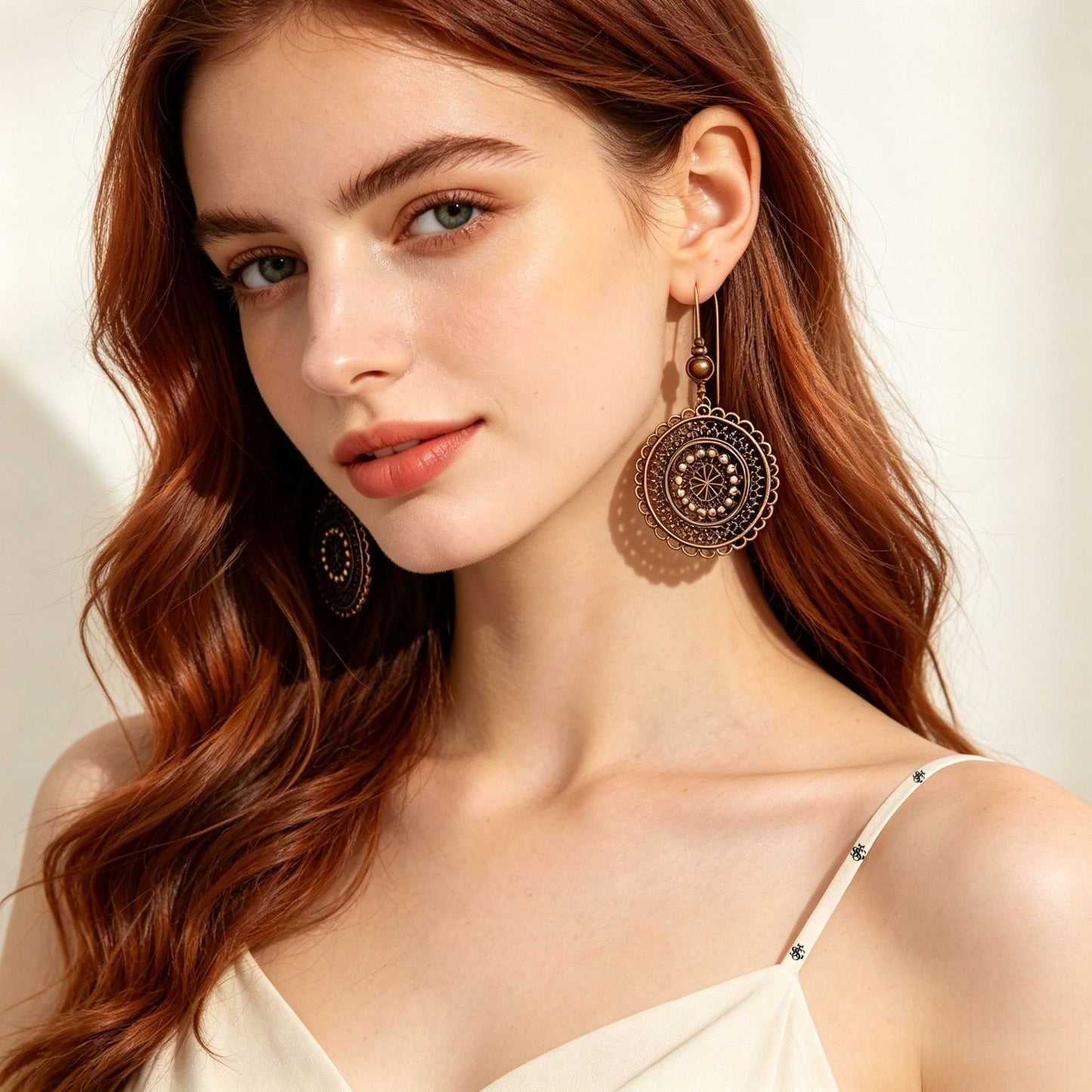 Vintage Carved Flower Mandala Dangle Earrings | Boho Antique Bronze Round Drop Earrings