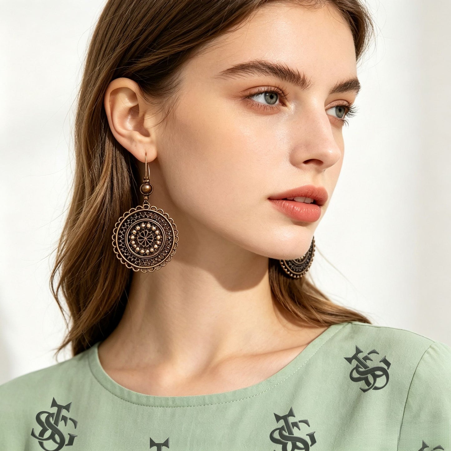 Vintage Carved Flower Mandala Dangle Earrings | Boho Antique Bronze Round Drop Earrings