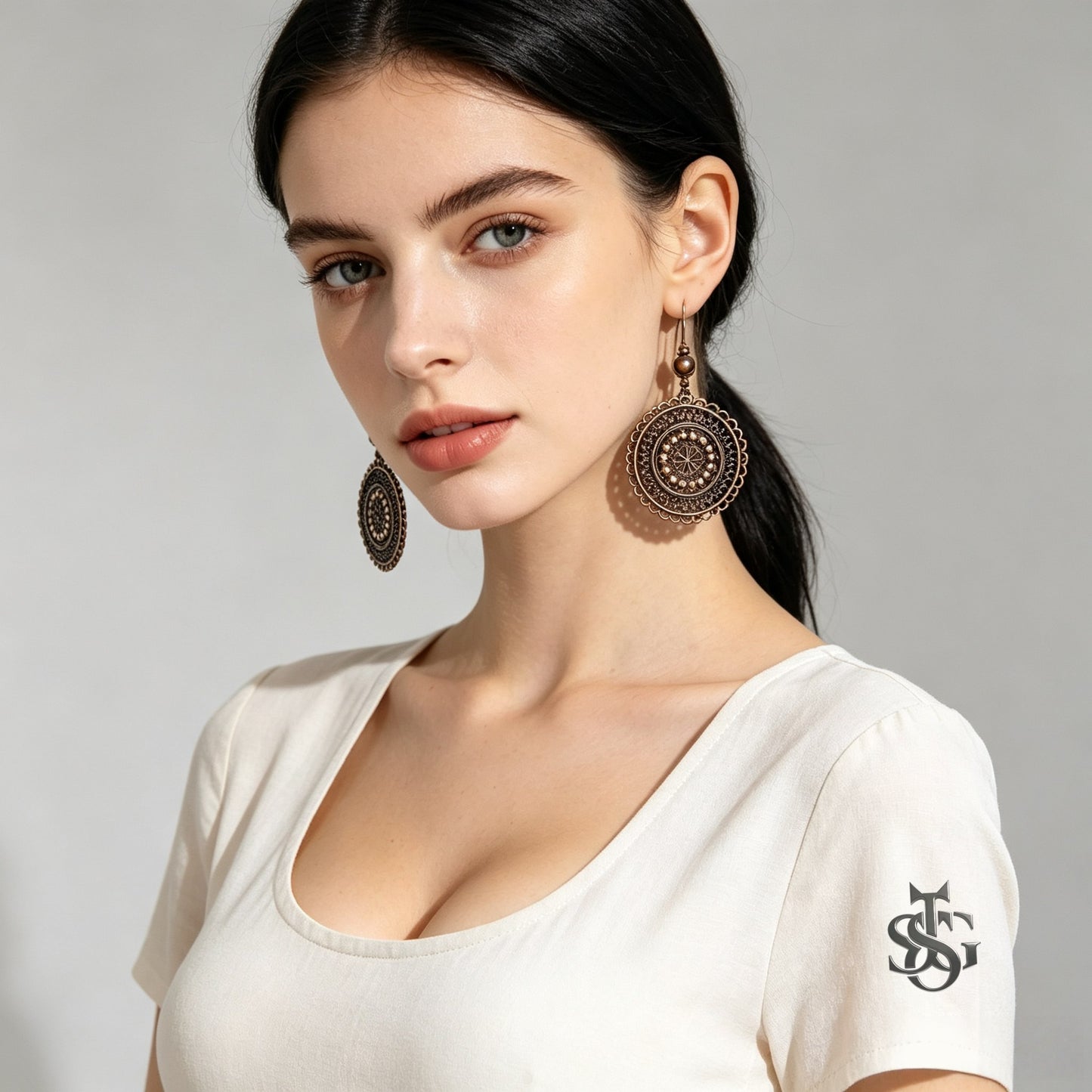 Vintage Carved Flower Mandala Dangle Earrings | Boho Antique Bronze Round Drop Earrings