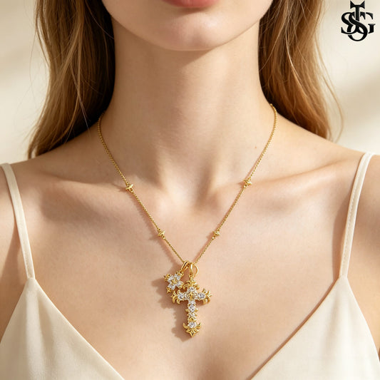 Crystal Double Cross Necklace – Gold CZ Pendant Satellite Chain