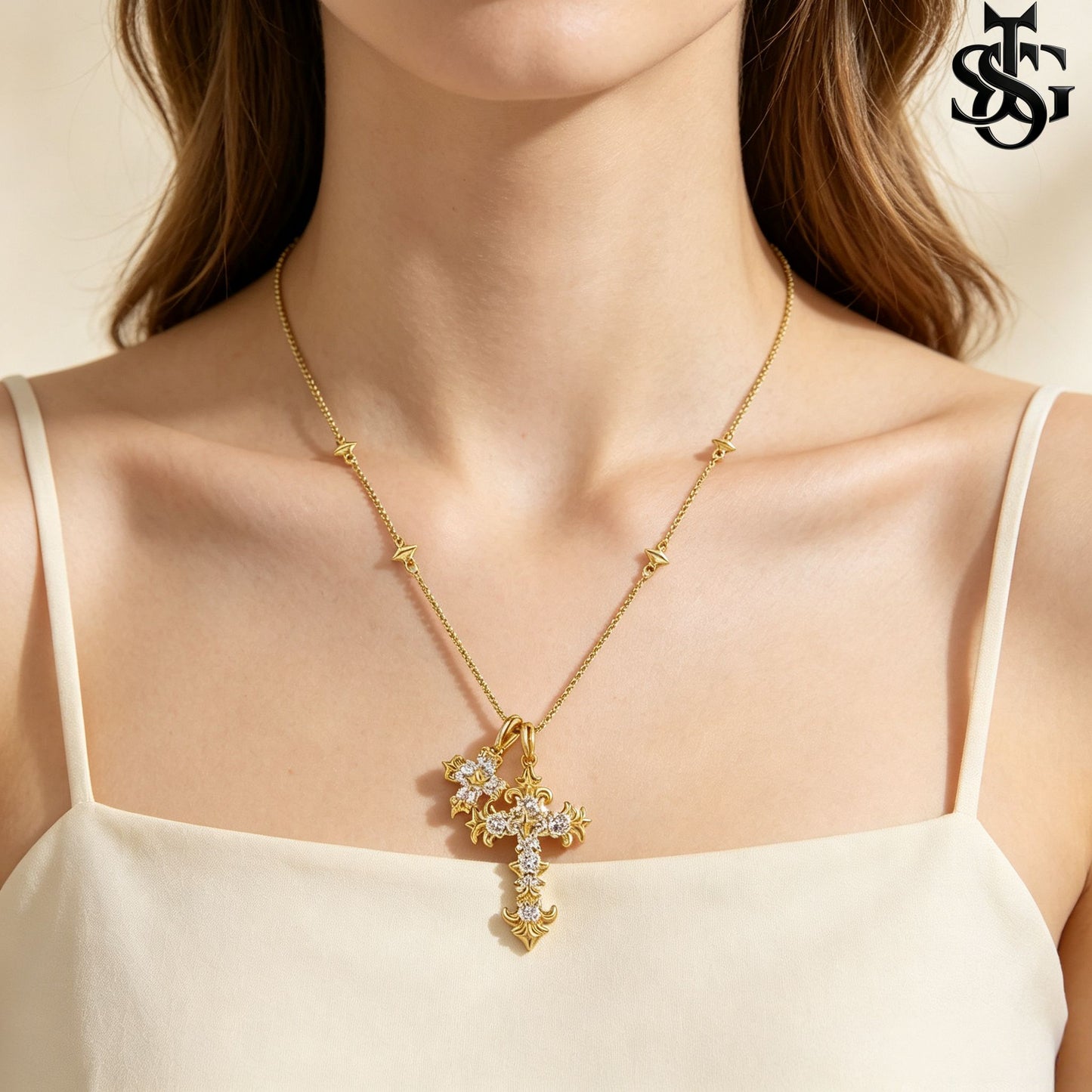 Crystal Double Cross Necklace – Gold CZ Pendant Satellite Chain
