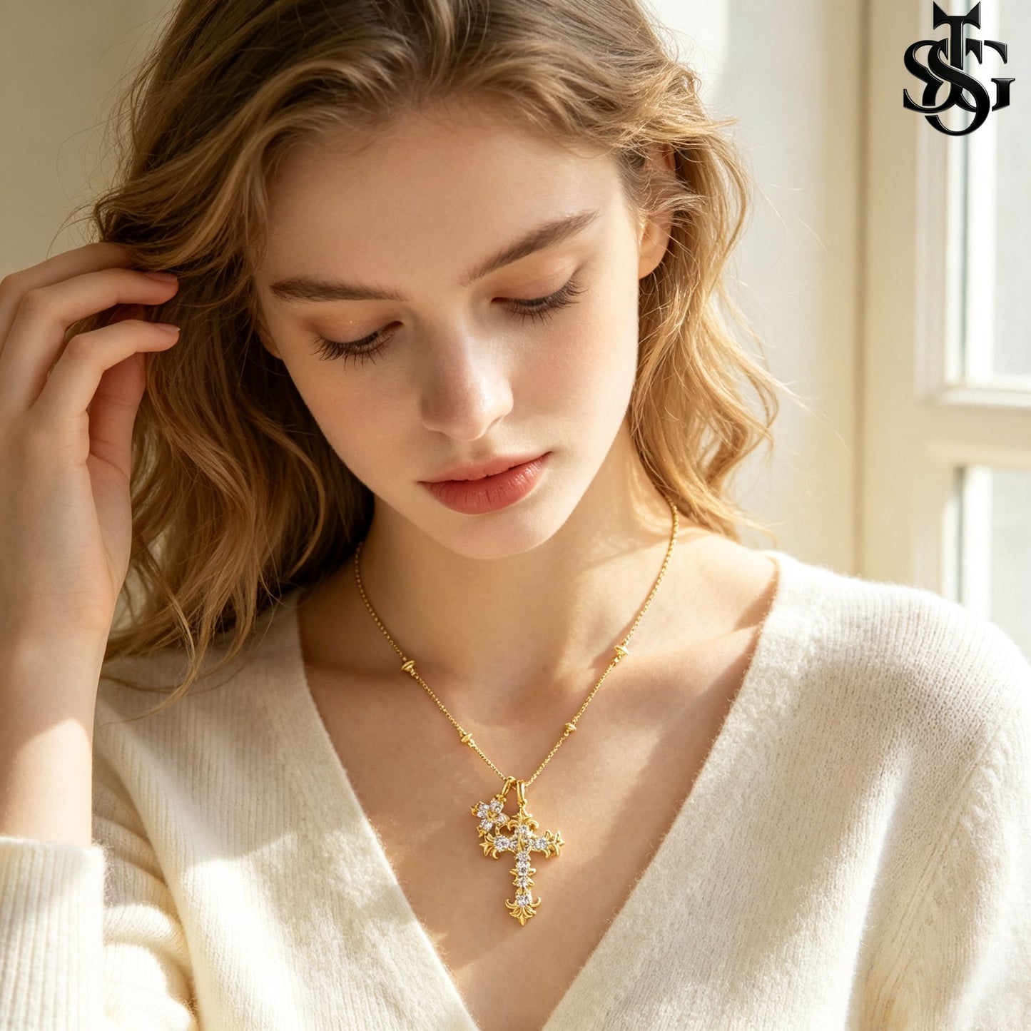 Crystal Double Cross Necklace – Gold CZ Pendant Satellite Chain