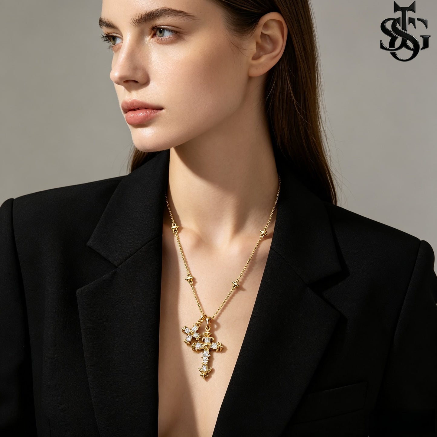 Crystal Double Cross Necklace – Gold CZ Pendant Satellite Chain