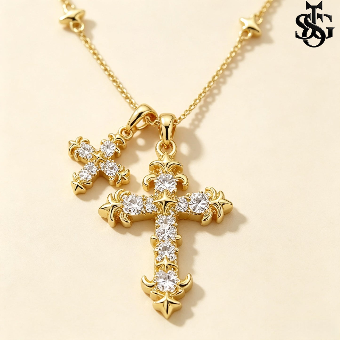 Crystal Double Cross Necklace – Gold CZ Pendant Satellite Chain