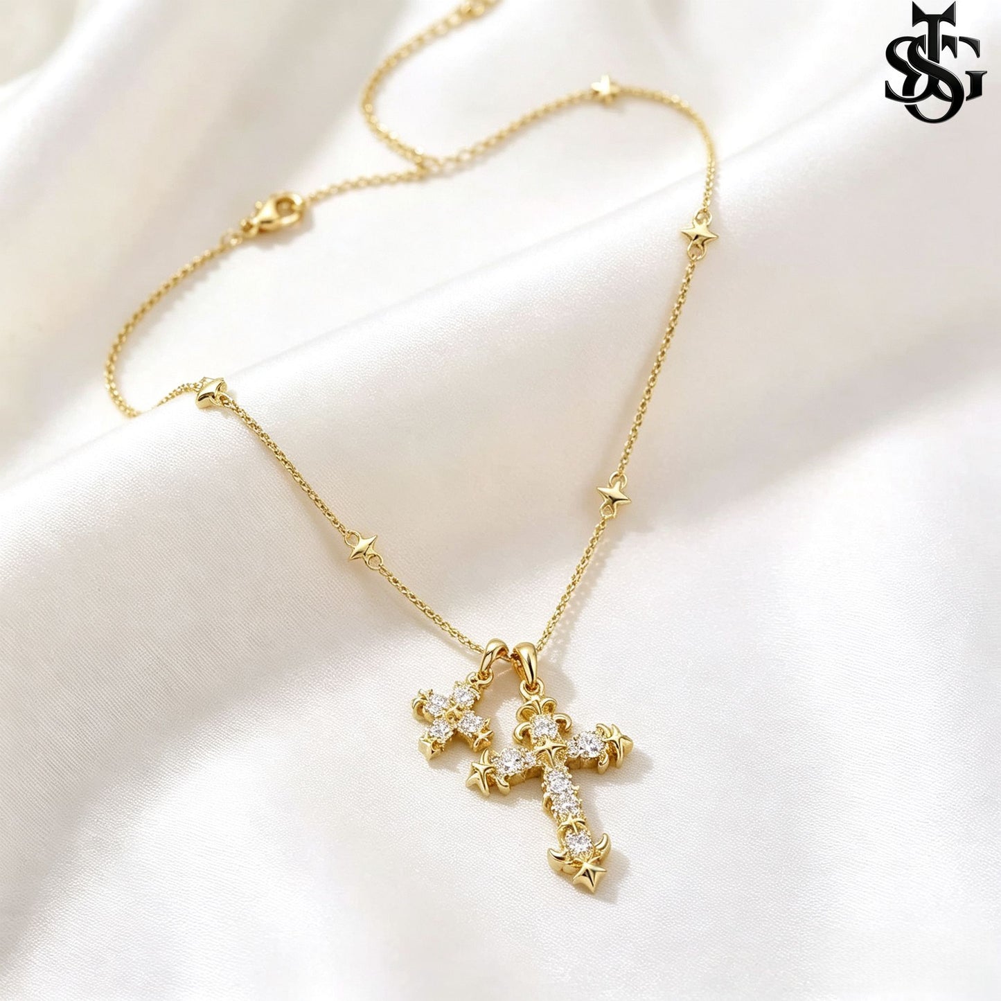 Crystal Double Cross Necklace – Gold CZ Pendant Satellite Chain