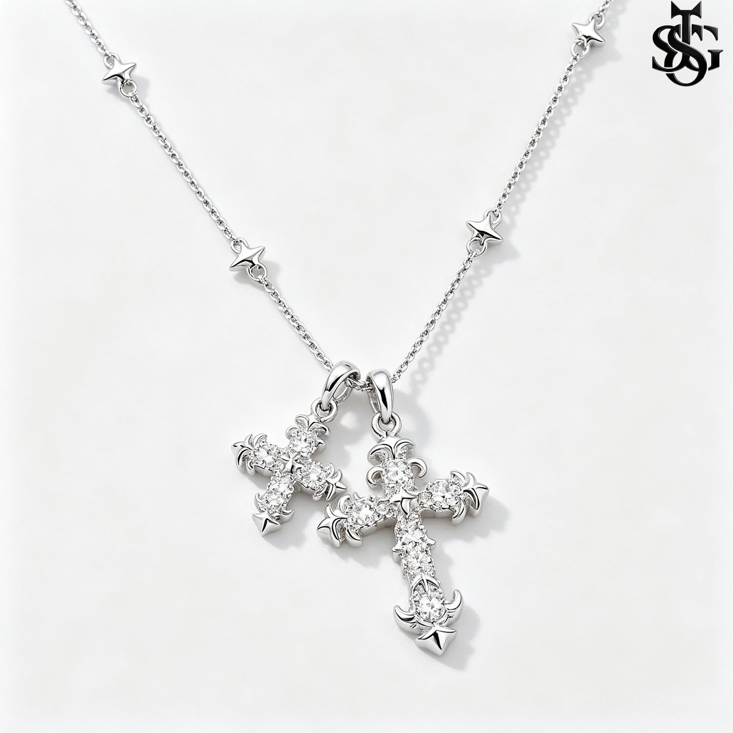 Crystal Double Cross Necklace – Gold CZ Pendant Satellite Chain
